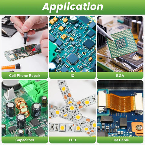 Applications of Pro Grade Lead-Free Solder Paste SAC0307 Sn99 Ag0.3 Cu0.7 for PCB repair, ICs, BGA, capacitors, LEDs, and flat cables.