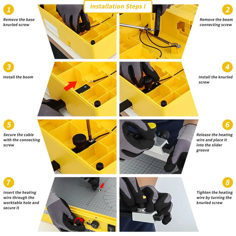 Installation steps for hot wire foam cutter with elevated cutting table and extendable rail, pro grade temperature control