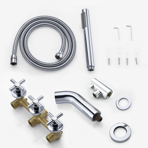 Wall Mount Tub Filler Waterfall Faucet With Handheld Shower Chrome Finish components shown in standard size and finish