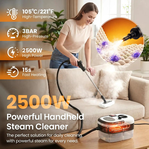 Easywox 2500w Handheld Steam Cleaner Gun With 40.6oz Tank For Auto Detailing Home Cleaning, woman cleaning couch with steam.