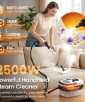 A woman uses a Heavy Duty Handheld Steam Cleaner That Really Gets After Stubborn Grease With 2500W Heat and High Pressure Output on a couch.