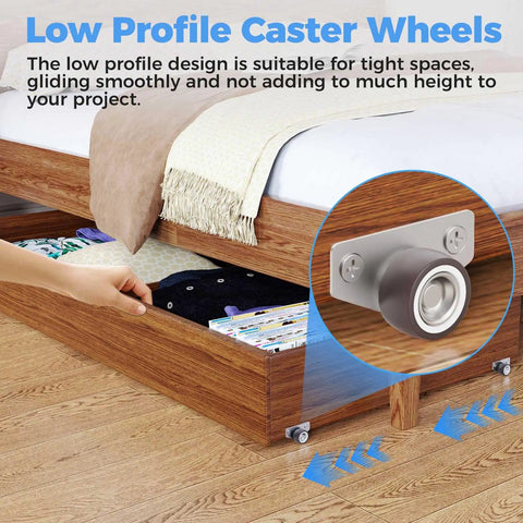 Mini Side Mount Casters Low Profile Rubber Wheels Rigid Non Swivel Rollers For Sliding Doors Deep Drawers Furniture Cabinets installed under a drawer.