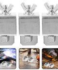 Heavy Duty Welding Clamps For Flawless Butt Joint Assembly And Metal Sheet Alignment Featuring Sturdy Locking Pincers, three clamps visible.