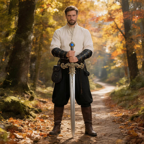 Man in Renaissance Knight Costume Kit With Leather Belt Pouch Arm Bracers And Sword Frog For Halloween Dress Up Black Dope 5 Piece Gear Set