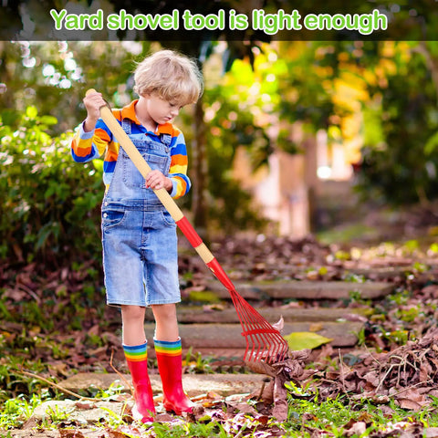 Child using rake from 8 Piece Kids Garden Tool Set With Real Wood Handles And Steel Heads Shovel Rake Spade And Hoe For Lil Helpers