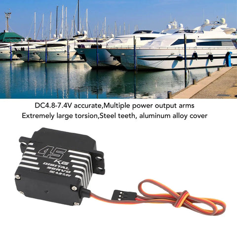 Next Level High Torque Digital RC Servo Motor Featuring Snappy Response And Rugged Steel Gears on a dock with boats.