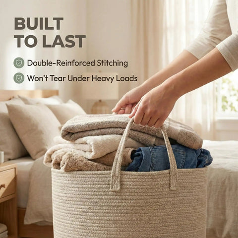 Extra Large Cotton Rope Blanket Basket With Deep Stitched Walls Big Ass 65L Capacity Machine Washable Throw Holder For Couch TV Stand Cozy Corner Fixer Roommate Favorite Stash Spot No Sweat Cleanup Top Tier Game Changer