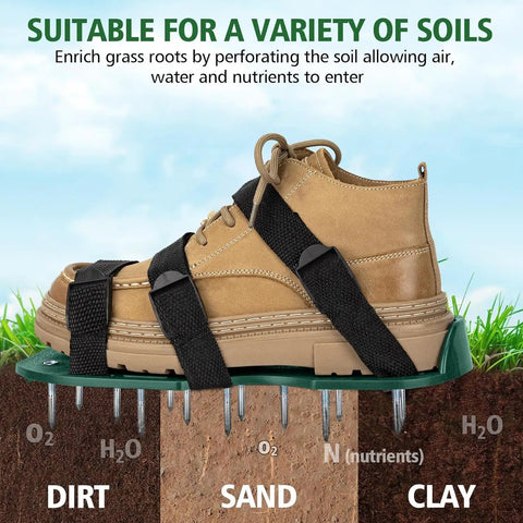 Heavy Duty Lawn Aerator Shoes With Upgraded Adjustable Buckle Straps shown on soil with spikes for deep aeration.