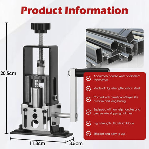 Labor Saving Manual Wire Stripping Tool For 1 To 25 MM Wire Gauges, side view with product dimensions and features chart.