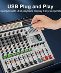 Hand adjusting 8 Channel Audio Mixer With MP3 Player USB Recording And Grouping 2 AUX Interfaces 99 DSP Effects for studio use.