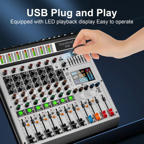 Hand adjusting 8 Channel Audio Mixer With MP3 Player USB Recording And Grouping 2 AUX Interfaces 99 DSP Effects for studio use.