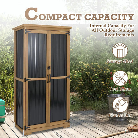 Weatherproof Outdoor Storage Cabinet With Adjustable Shelves, Tall Vertical Shed For Patio And Backyard Tools, shown outdoors