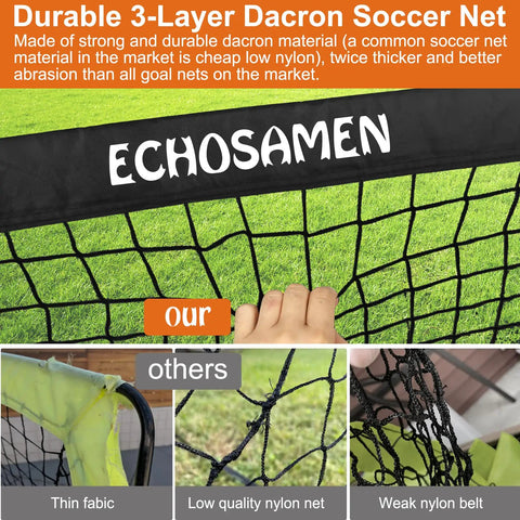 Backyard Kids Soccer Goal Set Two 6x4 Ft Portable Soccer Nets showing 3-layer dacron net and comparison with other materials.