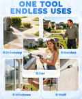 Collage of Pro Pressure Washer Gun With Foam Pot, Easy Install Complete Kit used on driveway, garden, car, windows, and wall.