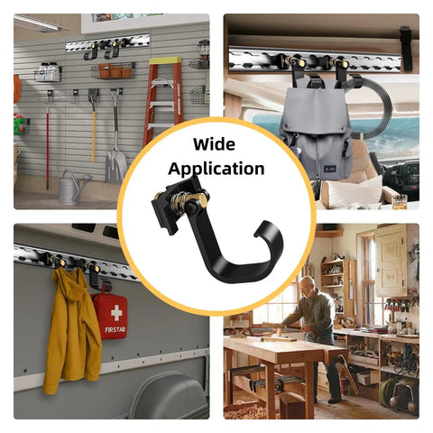 4 Pack Heavy Duty L Track Hooks With Single Stud Fitting, 200 Lbs Max Load, installed in various settings for tool organization