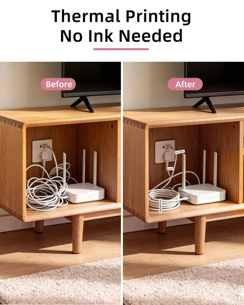 Slick Portable Bluetooth Label Maker With Wireless Tape, Compact Handheld Sticker Printer For Quick Adhesive Labels used on organized cables.