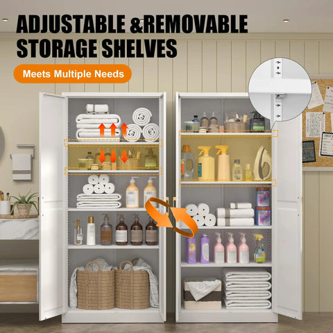 Built Like A Tank Super Tall Steel Pantry Cabinet With Double Doors And Four Shelves Kitchen Storage Saver showcasing adjustable shelves.
