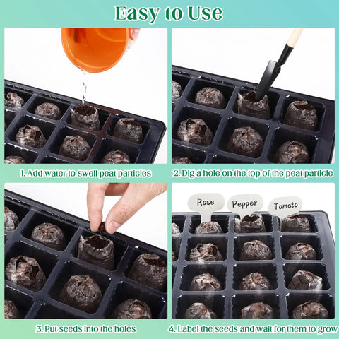 4 Pack Seed Starter Tray Kit With Humidity Dome And Base, 24 Cell Black Plastic Seedling Trays in use with peat pellets and tools