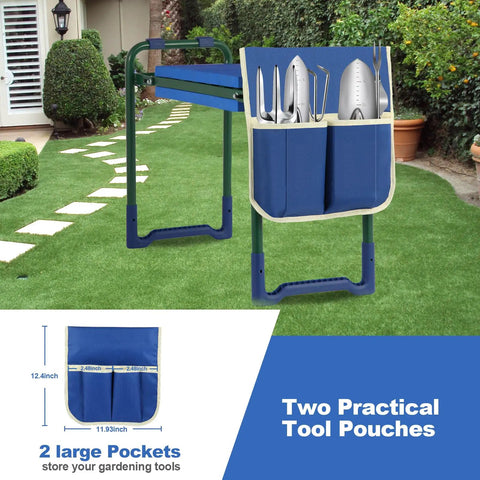 Workhorse Garden Kneeler And Seat With Thick Wider Soft EVA Pad Foldable Heavy Duty Durable Garden Stool in garden with blue tool bag
