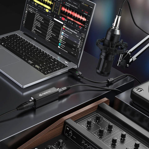 HumBlock XLR Series Single Channel Ground Loop Noise Isolator for Studio, DJ, and Live Sound connected to microphone and laptop