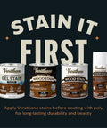 Varathane wood stains and gel stain cans, showcasing stain options for use with Water Based Crystal Clear Ultimate Polyurethane for protection.