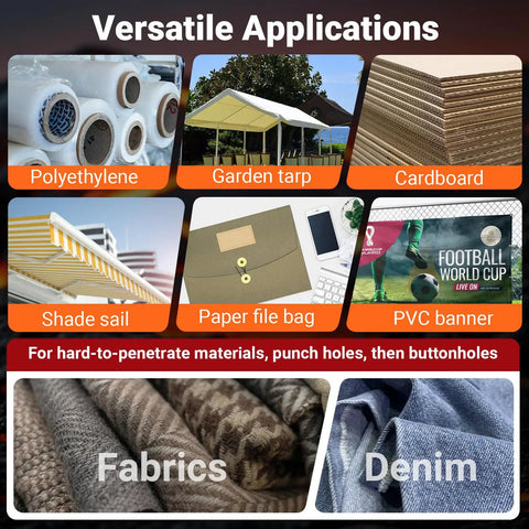 Image showing versatile applications for the Grommet Tool Kit With Interchangeable Double Head For Three Eighths And One Quarter Inch Grommets Handheld Kit With 280 Eyelets And Grommets For Tarps Leather Fabric Projects.