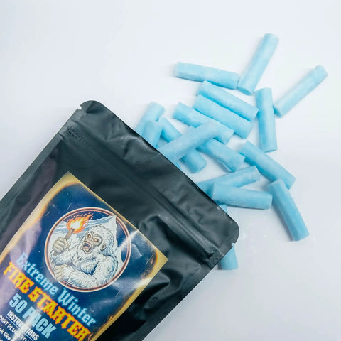 Starter Plugs 50 Pack For Extreme Winter Weather Fire Lighting Survival Outdoors shown with blue fire starter plugs