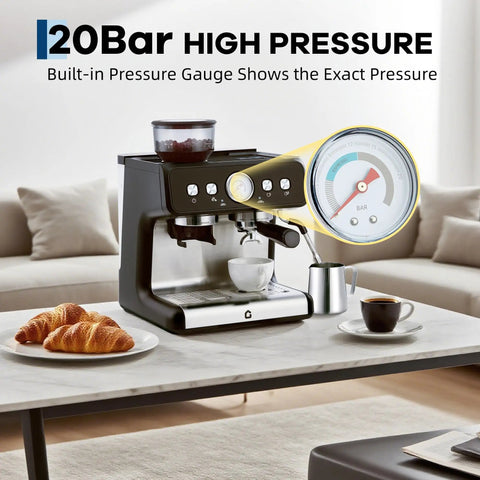 Level Up Your Coffee Game With This Badass 20 Bar Espresso Maker Featuring A Built In Grinder, Stainless Steel Body, Huge 2.8 Liter Tank, And Steam Wand For Flawless Lattes And Cappuccinos, Black on marble table with croissants.