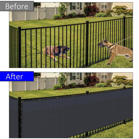 Black Privacy Screen Fence Mesh Cover 5ft By 50ft Heavy Duty Shade Net For Outdoor Walls And Yards installed on metal fence