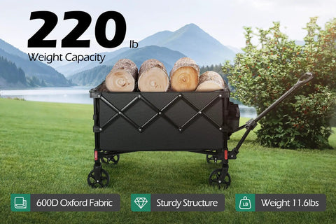 Grab And Go Foldable Camp Wagon With Wheels Heavy Duty Cart Holds 220 Lb And 100L Capacity for outdoor adventures, loaded with logs