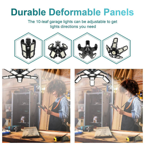 Crazy Bright 180W LED Garage Light With 10 Plus 1 Foldable Panels installed in workshop providing illumination on workbench