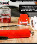 ARES 54036 two-piece bearing packer kit with cone-style bearing packer on a wooden workbench beside a red grease jar
