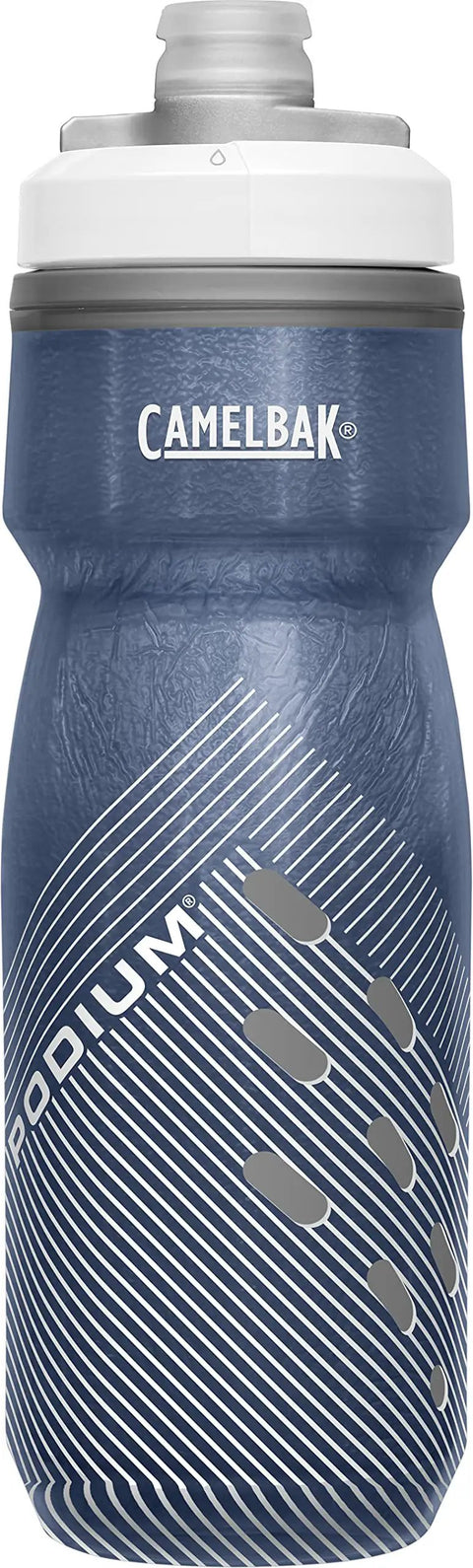 Rock Solid Double Wall Insulated Cycling Water Bottle Keeps Drinks Ice Cold On Long Rides Optimized Bike Cage Fit With Hassle Free Perforated Squeeze Valve For Rapid Sipping During Intense Grinds In Classic Navy, showing the design and squeeze top.