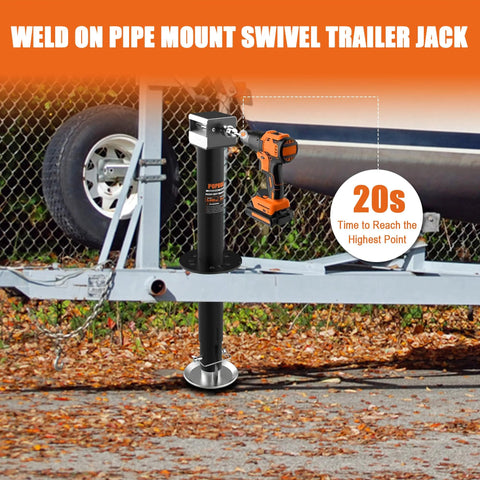 5000lb A-frame trailer jack with weld-on pipe-mount, steel body, 30-inch lift, shown with cordless drill.