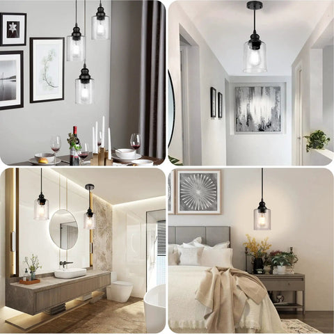 3 Pack Industrial Pendant Lights With Seeded Glass Shades, Black Farmhouse Ceiling Lighting for kitchen, hallway, and bedroom.
