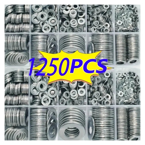 Heavy Duty Stainless Steel Flat Washer Set 1250 Pieces Assortment Kit With Sizes M2 Through M12 For Home Shop Auto And Outdoor Repairs A Workhorse For Everyday Fixes Built To Last, 1250pcs washers