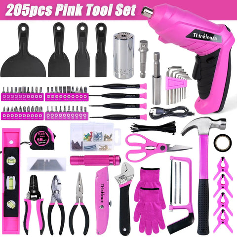Pink 205-Piece Tool Kit For Gals With USB Electric Screwdriver And Drill Adapter, including various hand tools and accessories.