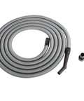 Coiled 30 Ft Go-To Premium Shop Vacuum Extension Hose With 2 Tank Adapters And 1.25 Inch Curved End, Silver, on white background.