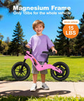 Kid-Friendly Electric Balance Bike For Ages 3 To 5 With 12 Inch Pneumatic Tires, 180W Motor, Top Speed 9.3 MPH, Safe Kick-To-Start, 3 Speed Modes, LCD Display, Quick Charge, LED Lights, Pink, shown with child