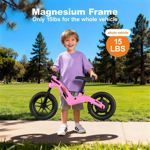 Kid-Friendly Electric Balance Bike For Ages 3 To 5 With 12 Inch Pneumatic Tires, 180W Motor, Top Speed 9.3 MPH, Safe Kick-To-Start, 3 Speed Modes, LCD Display, Quick Charge, LED Lights, Pink, shown with child