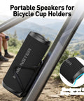 60W True Wireless Stereo Outdoor Speaker With IPX8 Waterproof attached to mountain bike frame, scenic background
