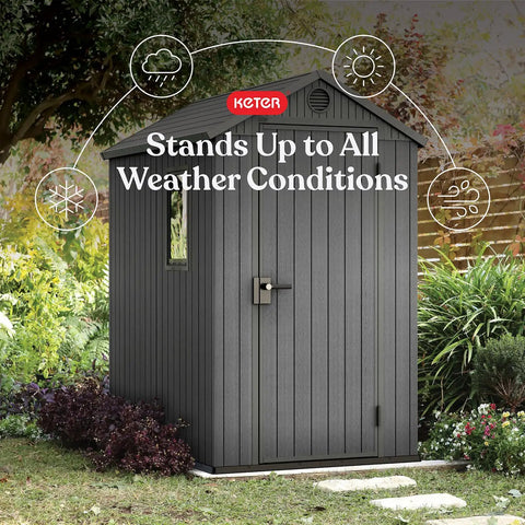 Lockable Resin Outdoor Storage Shed Graphite Gray Four By Six Feet Weather Resistant Patio Garden Tool Organizer Grand Slam Of High Capacity Backyard Gear Stash And Decked Out Storage Corner