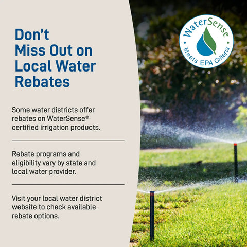 Rebate information on WaterSense irrigation products with garden sprinkler in use, text promoting local water rebates.