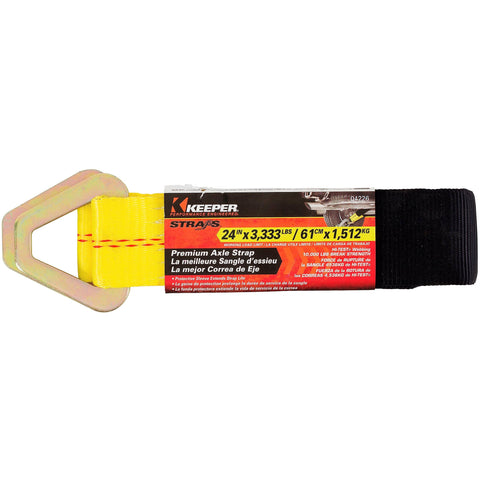 2 Inch By 24 Inch Premium Axle Tie Down Strap With D Rings, Heavy Duty Cargo Tie Down For Hauling, product label visible