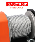 Close-up of 50 ft steel cable spool on 2500 Lb Electric Winch for ATV UTV Boat and Trailer with 50Ft Steel Cable 12V DC Waterproof Kit.