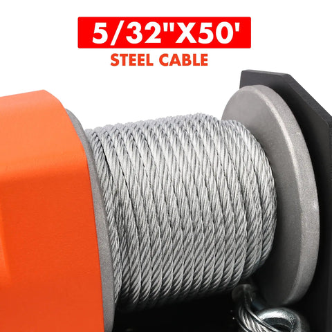 Close-up of 50 ft steel cable spool on 2500 Lb Electric Winch for ATV UTV Boat and Trailer with 50Ft Steel Cable 12V DC Waterproof Kit.