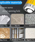 Diamond hole saw set, 10 pcs, 1/4"–2" bits for porcelain tile and stone; collage shows ceramic tile, marble, granite, quartz, glass stone, artificial stone.