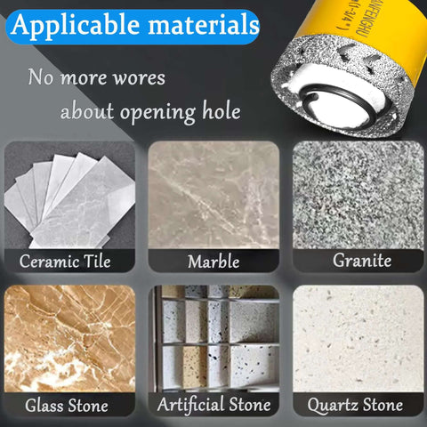 Diamond hole saw set, 10 pcs, 1/4"–2" bits for porcelain tile and stone; collage shows ceramic tile, marble, granite, quartz, glass stone, artificial stone.