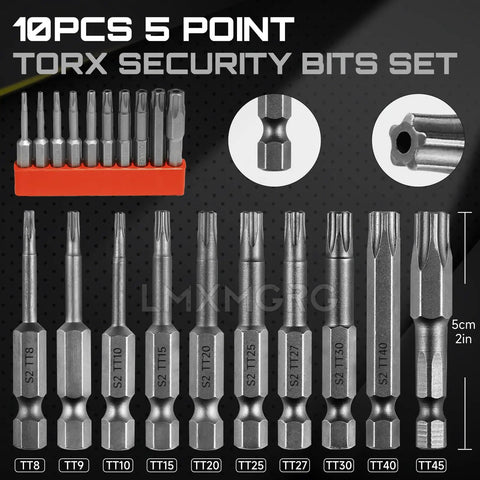 10 Pc Magnetic S2 Alloy Steel Driver Bits, 5 Point Security Torx Bit Set, TT8 To TT45, 50mm Length displayed on black background