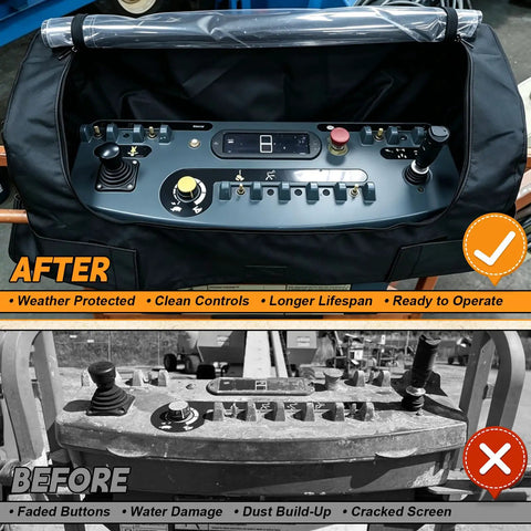 Tough As Nails 600D Control Panel Cover For JLG Boom Lifts Pre2015 shown protecting clean control panel from weather.